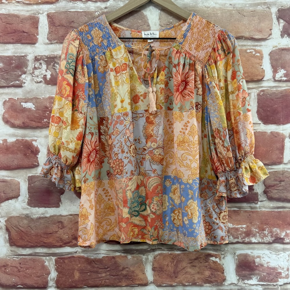 Nicole Miller Top Women's Medium Multicolor Boho Floral Patchwork Casual Shirt